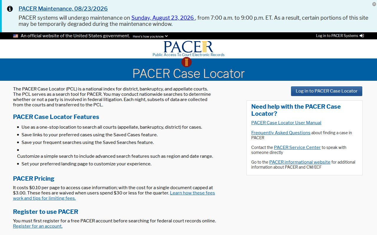 PACER Case Locator for federal cases involving Banks County